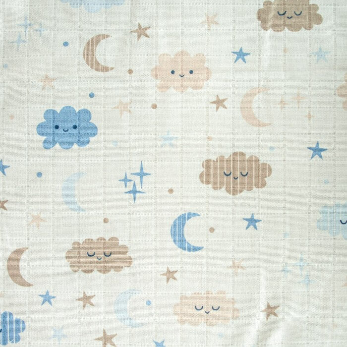 МУСЛИН ДВУХСЛОЙНЫЙ НАБИВНОЙ ш160 100%органический хлопок (голубые облака)