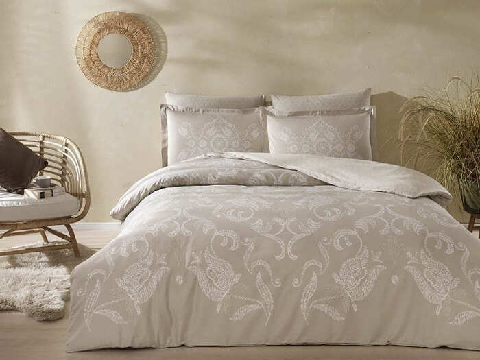 Постельное белье семейное TAC SATEN DELUX LAVAL 160х220-2шт 240х260-1шт 50х70-4шт 100%хлопок бежевый_MIRTECK