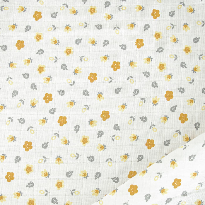 МУСЛИН ДВУХСЛОЙНЫЙ НАБИВНОЙ ш160 100%органический хлопок (горчичные цветочки/молочный фон)